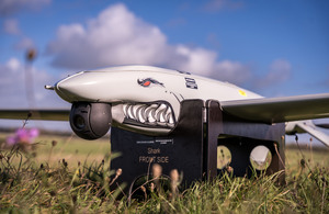 Uncrewed aircraft displayed at a defence industry event